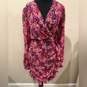 Express Pink Asymmetrical Ruched Wrap Dress